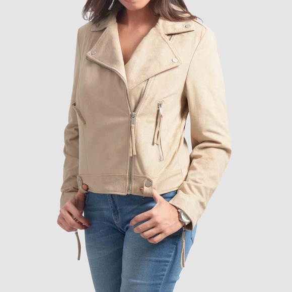 OLGYN Biker Suede Beige Plus Size Leather Jacket - Picture 1 of 4